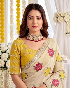 AARA Fashion Cream Floral Printed Silk <b>Saree</b> with <b>Yellow</b> Blouse for Women Traditional Indian Wedding Wear Sun Protection - Product Image 5