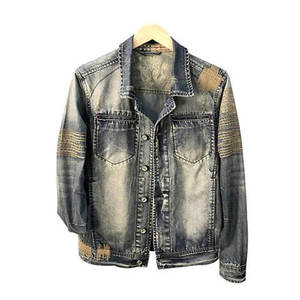 Veste en jean délavé pour homme, design patchwork, col rabattu, coupe classique, style décontracté automne, coton tissé - Product Image 1