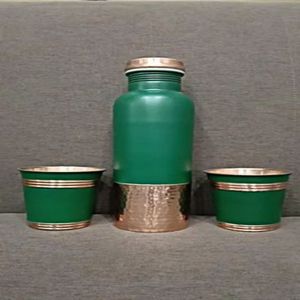 Green Copper Luxury Double Wall Water <b>Bottle</b> & Tumbler Gift Set with Metal Coaster for Home & Office-Indian Home Crafts - Product Image 2
