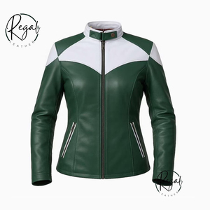 Handmade Green Leather Moto <b>Jacket</b> with White Panel <b>Biker</b> <b>Jacket</b> (OEM Service) - Product Image 1
