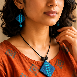 Blue Leaf Pattern Eco-friendly Ceramic Tile Jewelry Set Pendant Earrings Handmade Floral Accessory Gift with Custom Packaging - Product Image 5