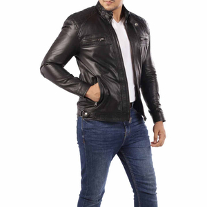 Men's Black PU Leather <b>Jacket</b> <b>Slim</b> <b>Fit</b> Stand Collar Moto Biker Style Zipper Closure Autumn Wear Regular Sleeve Solid Color - Product Image 5