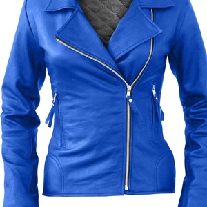 Blouson Moto en Cuir Bleu pour Homme, Coupe Slim, Fermeture Éclair, Blouson Biker en Cuir Véritable pour Femme, Manches Classiques, Style Automne - Product Image 5