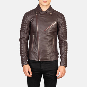 Men's Brown Sheep Leather Canvas Breathable Motorcycle <b>Jacket</b> <b>Slim</b> <b>Fit</b> Zipper Closure Mandarin Collar Winter Style Fox Fur Trim - Product Image 3