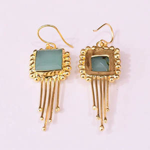 ต่างหูทรงหยดน้ำวินเทจประดับแคลซิโดนีสีน้ำเงินทรงสี่เหลี่ยมทำจากทองเหลืองชุบเงินสำหรับงานปาร์ตี้ - Product Image 1