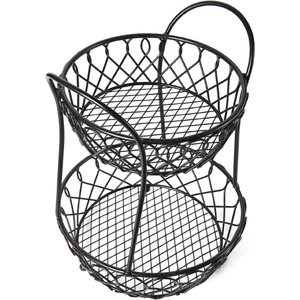 Cesta de Almacenamiento Metálica Vintage de 2 Niveles, Cesta Redonda de Alambre Negro con Soporte para Exhibición de Artículos de Cocina, Cesta Decorativa - Product Image 6