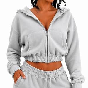 Ensemble sweat-shirt court à capuche gris zippé et pantalon long en molleton uni à manches longues pour femme grande taille, décontracté toutes saisons - Product Image 5