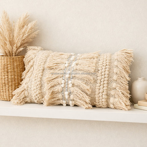 Beige Multi Front Fringe Boho Pillow <b>Cover</b> Lumbar 30x50 Handloom Natural Handbraided Boho Cushion <b>Cover</b> - Product Image 2