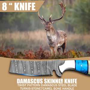 Custom Handmade Damascus Steel <b>Knife</b> | Fixed Blade Hunting & Camping <b>Knife</b> with Turquoise & <b>Bone</b> <b>Handle</b> Embossed Leather Sheath - Product Image 4
