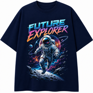 Camiseta de manga corta negra con cuello redondo y estampado por transferencia térmica de astronauta Future Explorer para hombre, de corte regular, informal, transpirable y de tela de rizo. - Product Image 1