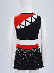 Ensemble deux pièces de cheerleading pour filles, noir et rose, avec strass, haut court et jupe plissée, tenue de danse et uniforme d'entraînement en Spandex et Nylon - Product Image 4