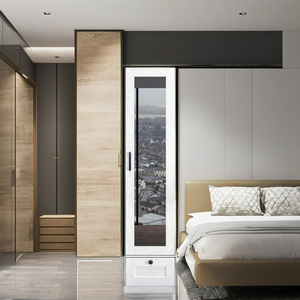 FURNIZONE Modern Space-Saving Wooden 1 Door Wardrobe Closet <b>Mirror</b> 1 Drawer Slim Storage Cabinet Floor Mount Bedroom Home Model - Product Image 1