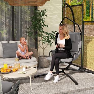 Sedia a dondolo grigia con supporto e cuscino con rivestimento in PA, telaio in acciaio, per interni ed esterni, altalena sospesa da patio - Product Image 2
