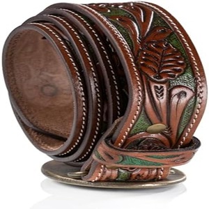 Ceinture en cuir pleine fleur de luxe turquoise, sculptée à la main avec motifs floraux en relief, style western, pour unisexe, avec boucle en cuir 3D motif cerf - Product Image 1