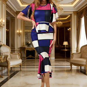 Vente flash sur Temu : ensemble deux pièces pour femme, motif géométrique color block, haut peplum à manches volantées et jupe sirène. - Product Image 5