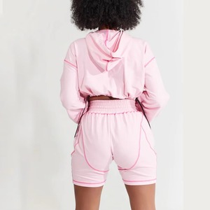 Women Y2K Pink Streetwear Tracksuit Set Hooded <b>Crop</b> Top Shorts Geometric Print Wide Leg Loose Fit Winter Outfit Full Sleeve - Product Image 5