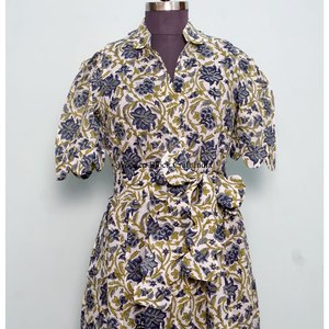 Vestido midi elegante para mujer, estampado a mano, 100% algodón indio, cómodo, de manga corta, con decoración de botones, ecológico - Product Image 4