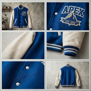 Custom Blue White <b>Letterman</b> <b>Jacket</b> Wool Body Leather Sleeves Snap Button Embroidered Patch College Style <b>Jacket</b> - Product Image 5