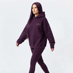 Sweat à capuche oversize pour femme, à épaules tombantes, manches longues, couleur unie, logo personnalisé en strass sur le devant, en molleton de coton - Product Image 4