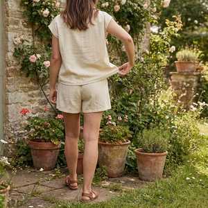 Women's <b>Linen</b> 2 Piece Shorts <b>Set</b> Solid Color O-Neck Short Sleeve Loose Fit Casual Summer Outfit Above Knee Length - Product Image 3