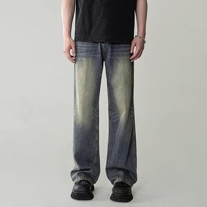 Jean en denim ciré pour homme, coupe large, taille mi-haute, couleur unie, en coton, décontracté, avec braguette boutonnée, tissu tissé, grandes tailles - Product Image 1