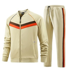 Ensemble de survêtement beige pour homme, veste à fermeture éclair intégrale avec bandes orange, poches latérales, tenue décontractée d'automne, coupe classique - Product Image 1