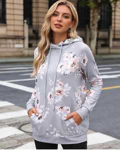 Sweat-shirt décontracté pour femme à imprimé floral, manches raglan longues, avec cordon de serrage, poche kangourou et capuche croisée - Product Image 5
