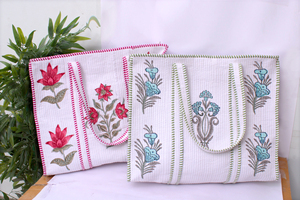 Bolso Tote Acolchado Floral Rosa, Bolso Tote de Algodón Hecho a Mano, Bolso de Compras con Estampado de Bloques, Bolso de Hombro Ligero - Product Image 5