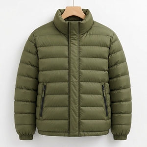 Mens Olive Green Puffer Jacket Winter Quilted Warm <b>Lightweight</b> Zip Up High Collar Insulated Outdoor <b>Coat</b> - Product Image 1