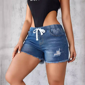 Shorts en jean taille haute déchirés avec cordon de serrage, ourlet effiloché et détails déchirés, style décontracté pour femme - Product Image 2