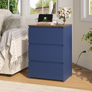 3 Drawer Nightstand with Charging Station <b>Blue</b> <b>Bedside</b> <b>Table</b> for Bedroom and Living Room Storage - Product Image 1