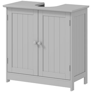 Mobile Bagno Grigio Chiaro in Legno Massello con Lavabo Integrato, 2 Ante, Specchio LED, Ripiano Regolabile, Installazione a Terra - Product Image 1