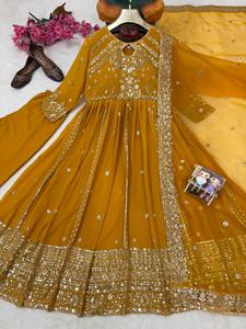 Ensemble Kurta brodé en rayonne jaune moutarde pour femme, coupe ample, style traditionnel indien pakistanais, longueur cheville, idéal pour mariage - Product Image 6