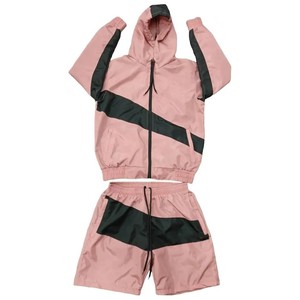 Ensemble de survêtement unisexe rose à blocs de couleur, veste à capuche zippée et short, sportif, respirant, léger, en polyester, pour adulte, idéal pour le printemps - Product Image 1