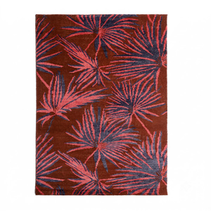 Tapis en laine DECORDEC rouge rouille et bleu marine, motif feuilles de palmier tropicales, surdimensionné, épais, antidérapant, écologique, tufté à la main, design moderne pour salon - Product Image 1