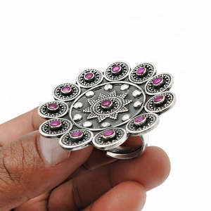 Actual Flower Shape Oxidized <b>Plain</b> 925 Sterling Silver <b>Rings</b> With Multi Ruby Gemstones Wholesaler Silver Bohemian Jewelry - Product Image 2