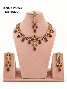 Pear Cut Stone Floral Pattern Necklace <b>Set</b> With Matching Earrings & Mang Tika Antique <b>Gold</b> Plated Fashion Jewelry <b>Set</b> Wholesaler - Product Image 1