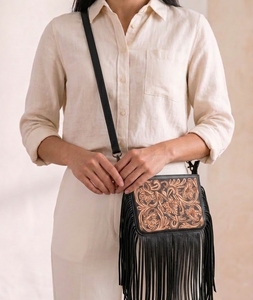 Women's Genuine Leather Fringe Crossbody Sling <b>Bag</b> with Zipper Closure Floral Western Style Single <b>Strap</b> Travel <b>Shoulder</b> Purse - Product Image 4