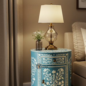 โต๊ะข้างเตียงทรงกลมลายก้างปลาฝังกระดูกสีน้ำเงินสุดหรูหราทันสมัย ผลิตด้วยมือ สำหรับห้องนอนและห้องนั่งเล่น - Product Image 4