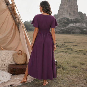 Robe longue violette pour femme à col en V et manches volantées |   Robe longue élégante décontractée pour soirée d'été avec taille froncée et fente latérale - Product Image 4