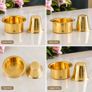 Juego de recipientes para rituales: Lleve a casa la elegancia de los rituales tradicionales indios con este hermosamente elaborado recipiente de metal con acabado dorado para pooja. - Product Image 2