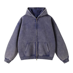 Sweat-shirt à capuche pour homme en coton 100% avec fermeture éclair, logo de marque imprimé sur mesure, effet délavé vintage, coupe décontractée ample, vente en gros - Product Image 2