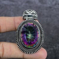 Pendentif Solitaire Unisexe en Topaze Mystique Naturelle Forme Ovale, Sertissage en Argent Vieilli, Style Bohème Vintage, Idéal Cadeau