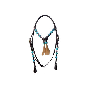 Bridon en cuir pour cheval avec perles turquoise et décorations à pompons - Product Image 1