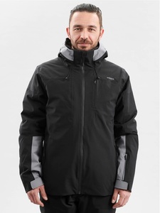 Men's Black Hooded Waterproof Ski Jacket Sporty Style Zipper Front Solid Color Winter Wear Regular Fit - Product Image 1