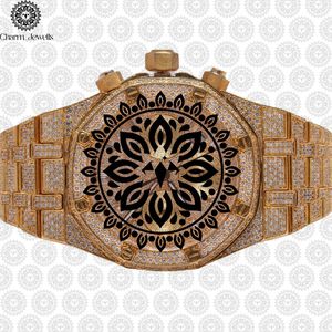 Charm Jewells Luxury Gold Men's <b>Watch</b> 42mm Diamond Encrusted Sapphire Crystal Analog Chronograph <b>Mechanical</b> Folding Clasp - Product Image 1