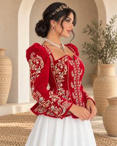 Blusa de terciopelo rojo para mujer, bordada, con mangas acampanadas, manga larga, con cuentas doradas florales, top holgado, elegante, de poliéster, de lujo, especial - Product Image 3