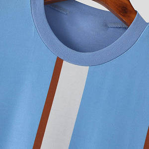 T-shirt à col rond pour homme, manches courtes, tricoté, décontracté, coupe classique, bleu clair, blanc, marron, 100% coton, respirant, color-block - Product Image 3