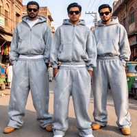 Conjunto de Sudadera y Pantalones de Chándal de Algodón French Terry para Hombre, de Corte Holgado Personalizado, Doble Capa, Gris, con Efecto Acampanado y Apilado, Estilo Baggy Oversized