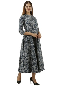 ชุดเดรสยาวสไตล์วินเทจสำหรับผู้หญิงชุดเดรสผ้าฝ้ายสีน้ำเงินและขาวพิมพ์ลายบล็อคแขนยาวสำหรับฤดูร้อน - Product Image 4